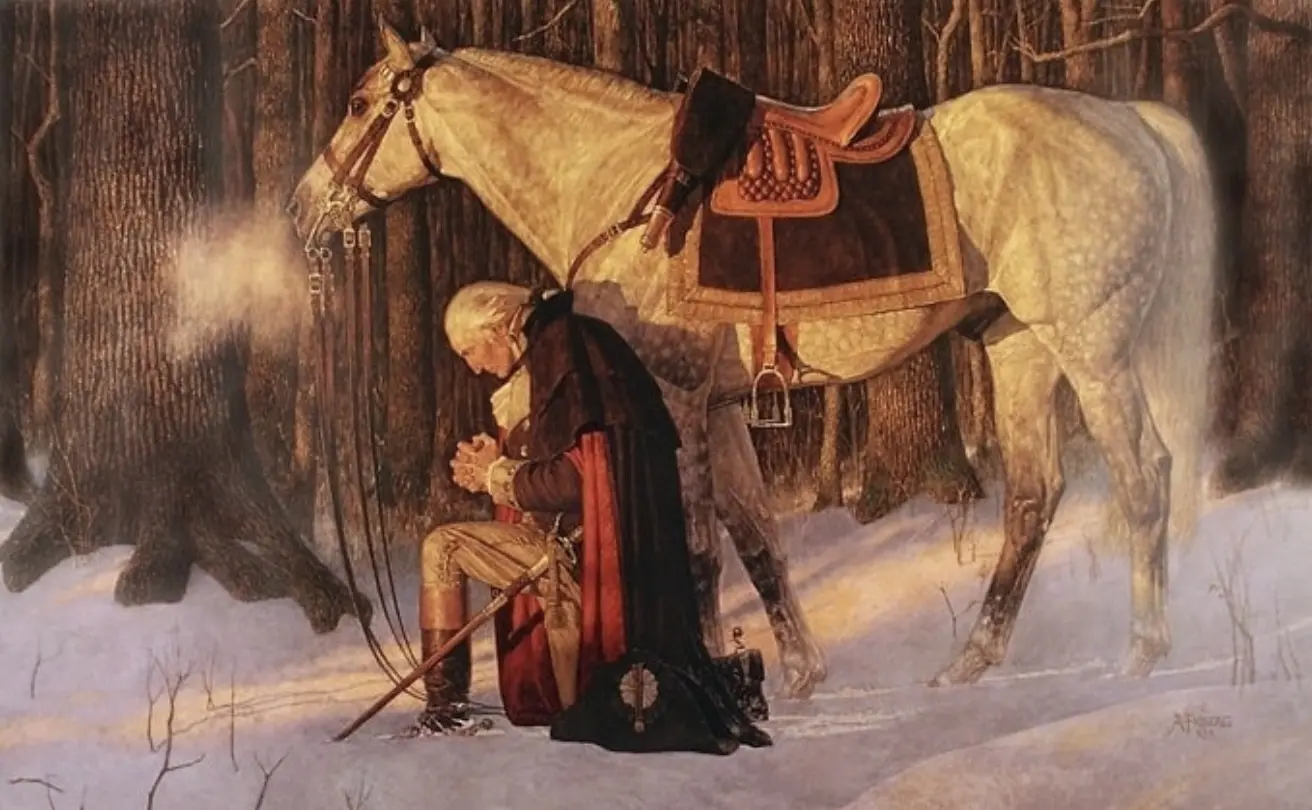 Winter scene with horse and kneeling man