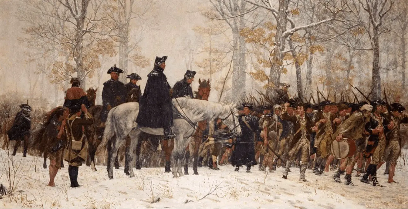 Soldiers gathering in snowy forest scene